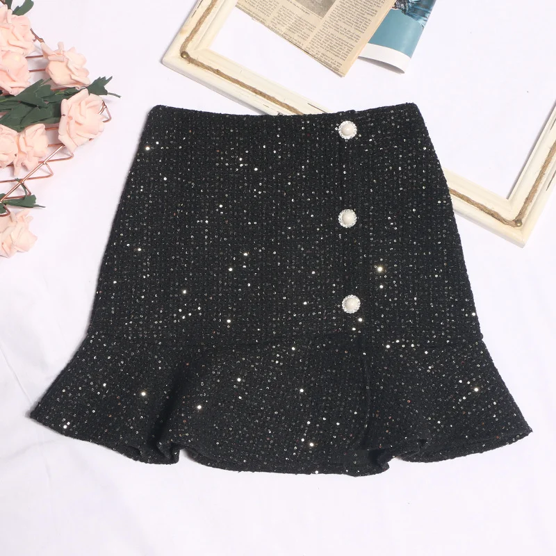 Uveng Small Autumn And Winter Short Skirts Buckle Lotus Leaf Side Fishtail Skirt Anti-Snude Coarse Flowers, Hip Half Skirt 8998