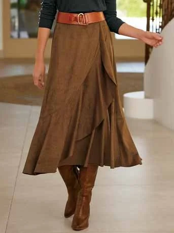 Casual Plain Autumn Suede Natural No Elasticity Daily Midi A-Line Skirt for Women
