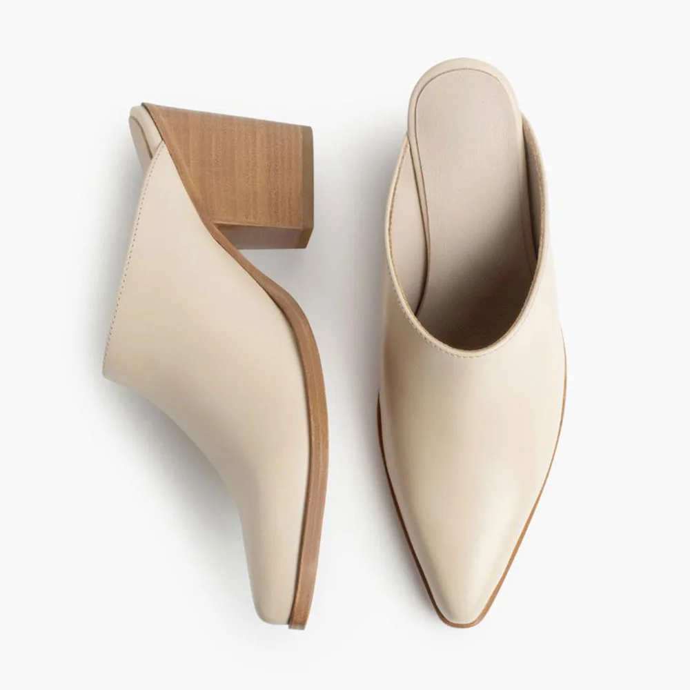 Beige Vegan Leather Slip-On Pointed Toe Chunky Heel Mules for Women