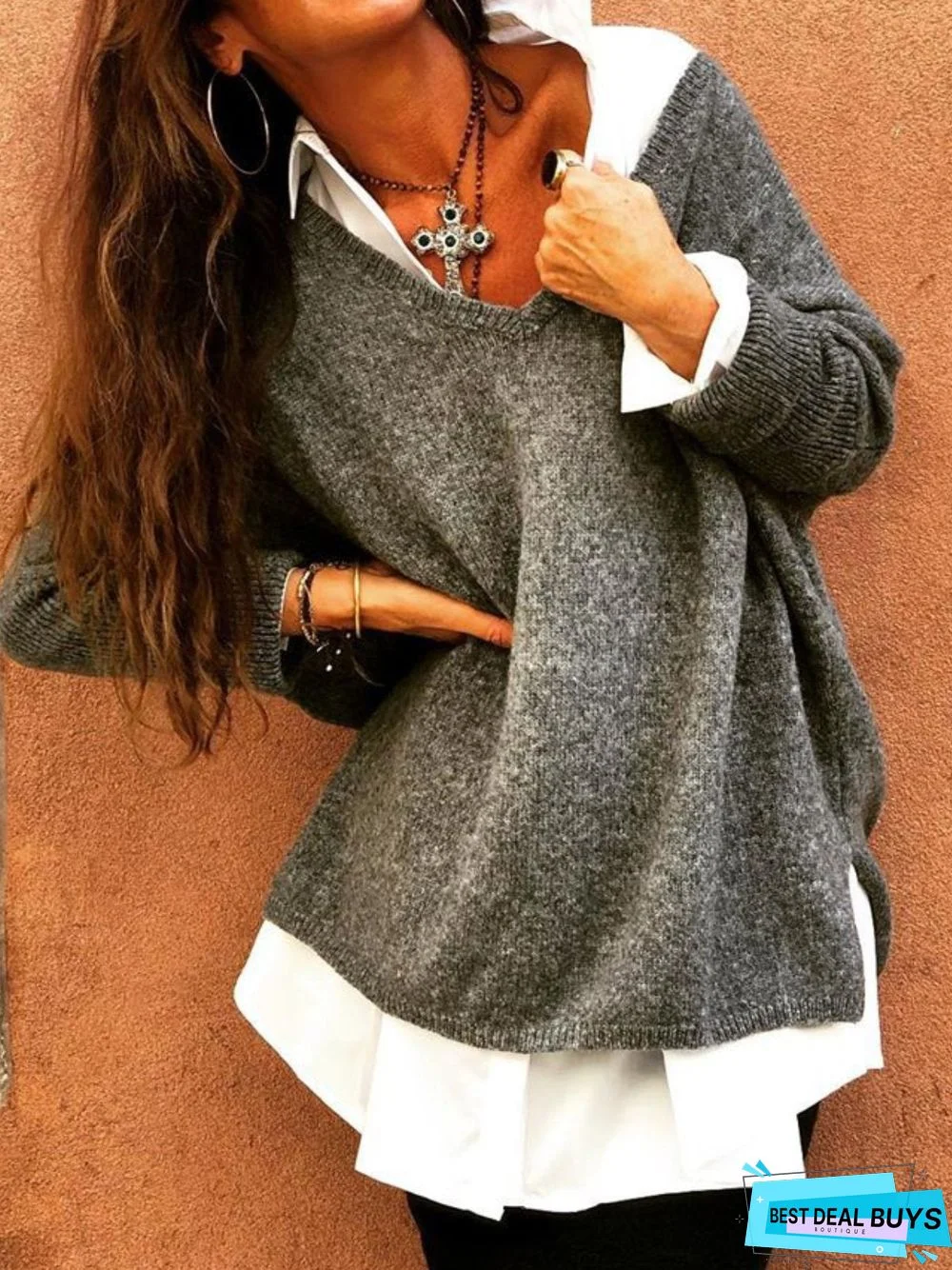 Plus Size Casual V Neck Solid Long Sleeve Sweater