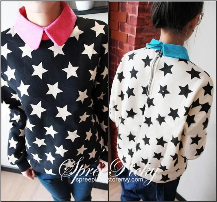 2 Colors [K-Fashion] Lapel Stars Fleece Sweater SP130083