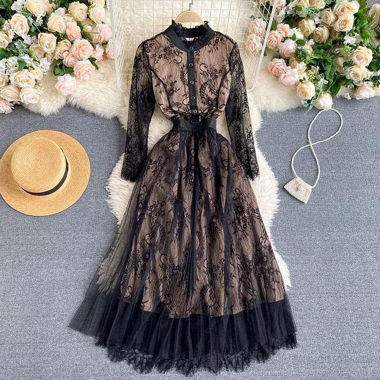 Vintage Dress, Luditu Midi Dress, Lace Party Dress, Gown, Rosalie in Midnight Black