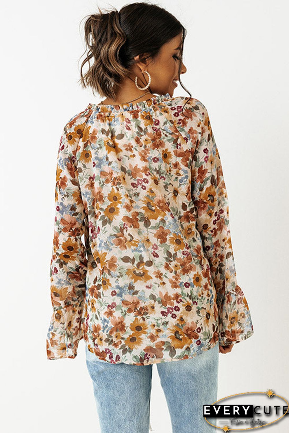 Orange Floral Print Flare Cuff Long Sleeve Blouse