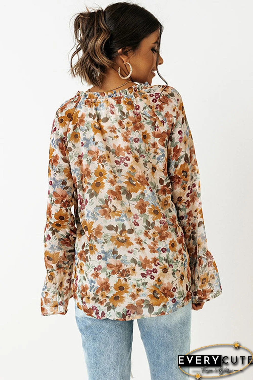Orange Floral Print Flare Cuff Long Sleeve Blouse
