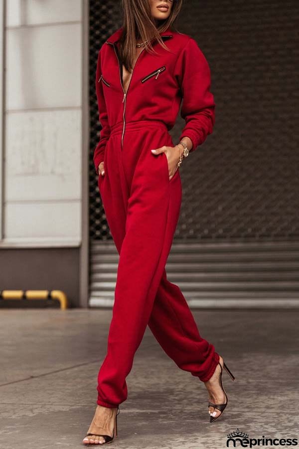 Corbero Pocket Zip Stretch Waist Long Sleeve Jumpsuit