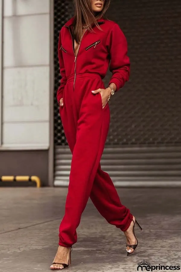 Corbero Pocket Zip Stretch Waist Long Sleeve Jumpsuit