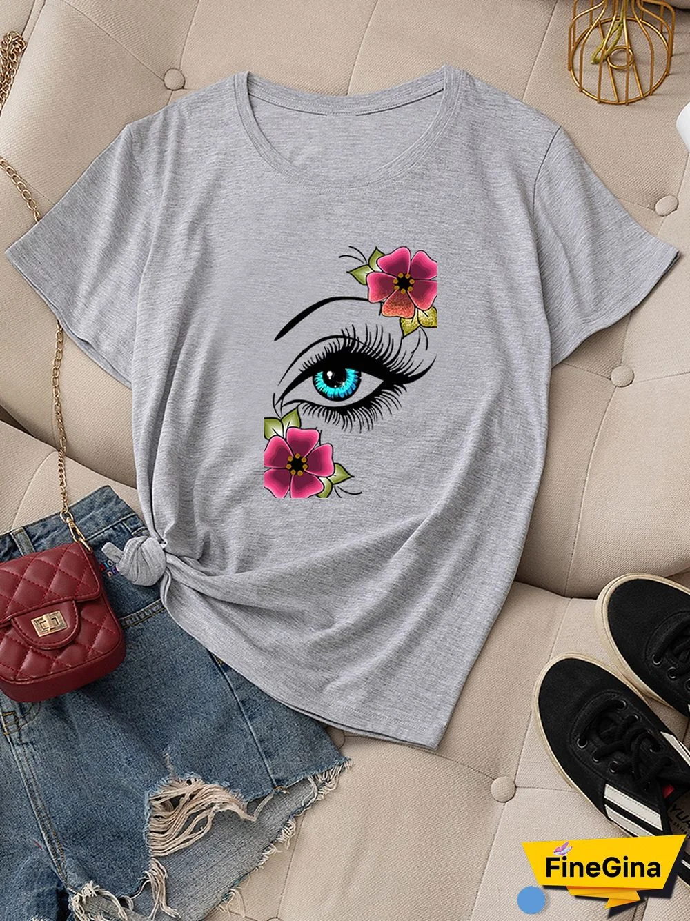 Casual Summer Daily T-shirt Women 100% Cotton Short Sleeve Rose Eye Print Female Graphic Fashion T Shirt Ladies O-Neck Tees Tops