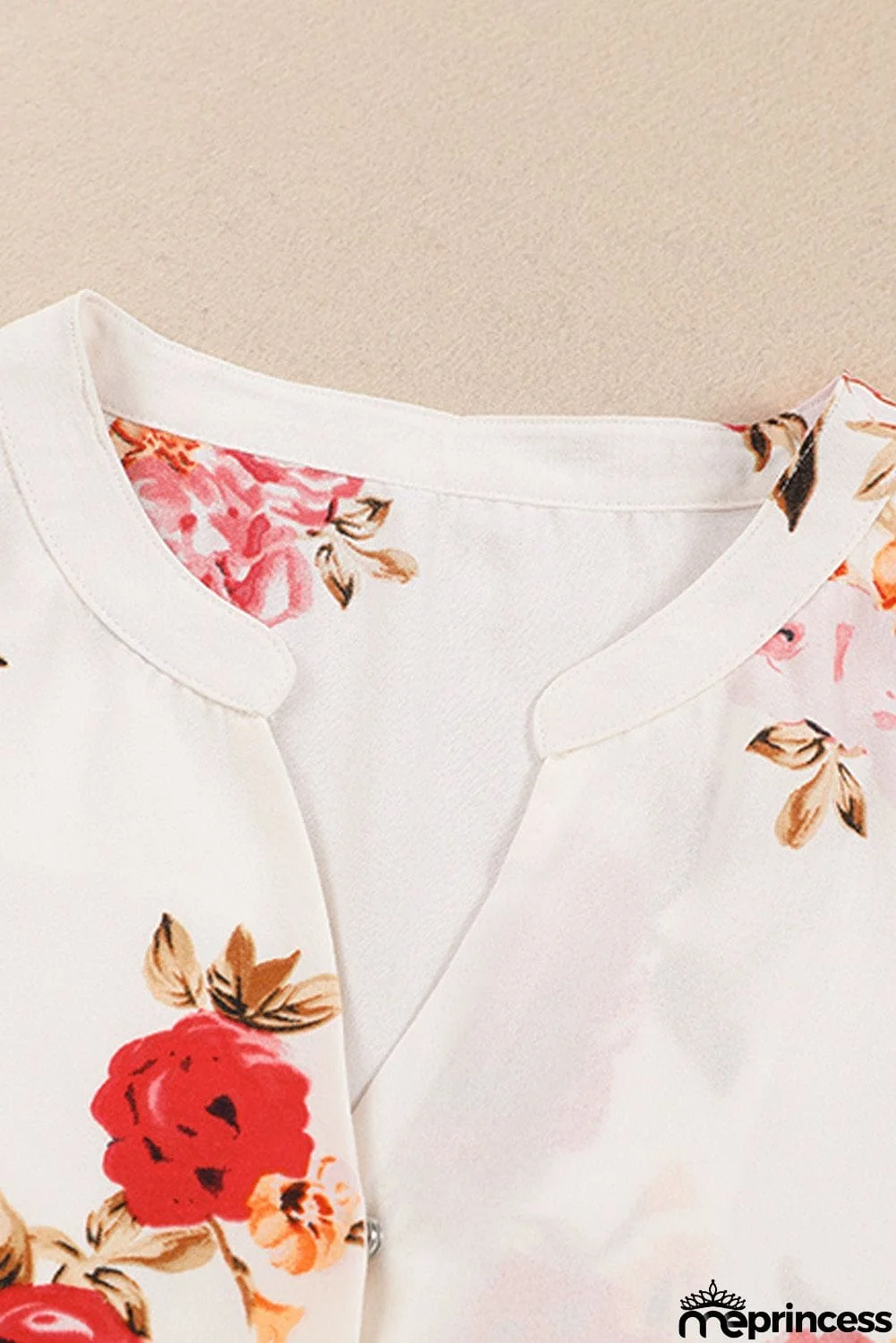 Beige Floral Print V Neck Button Down Blouse
