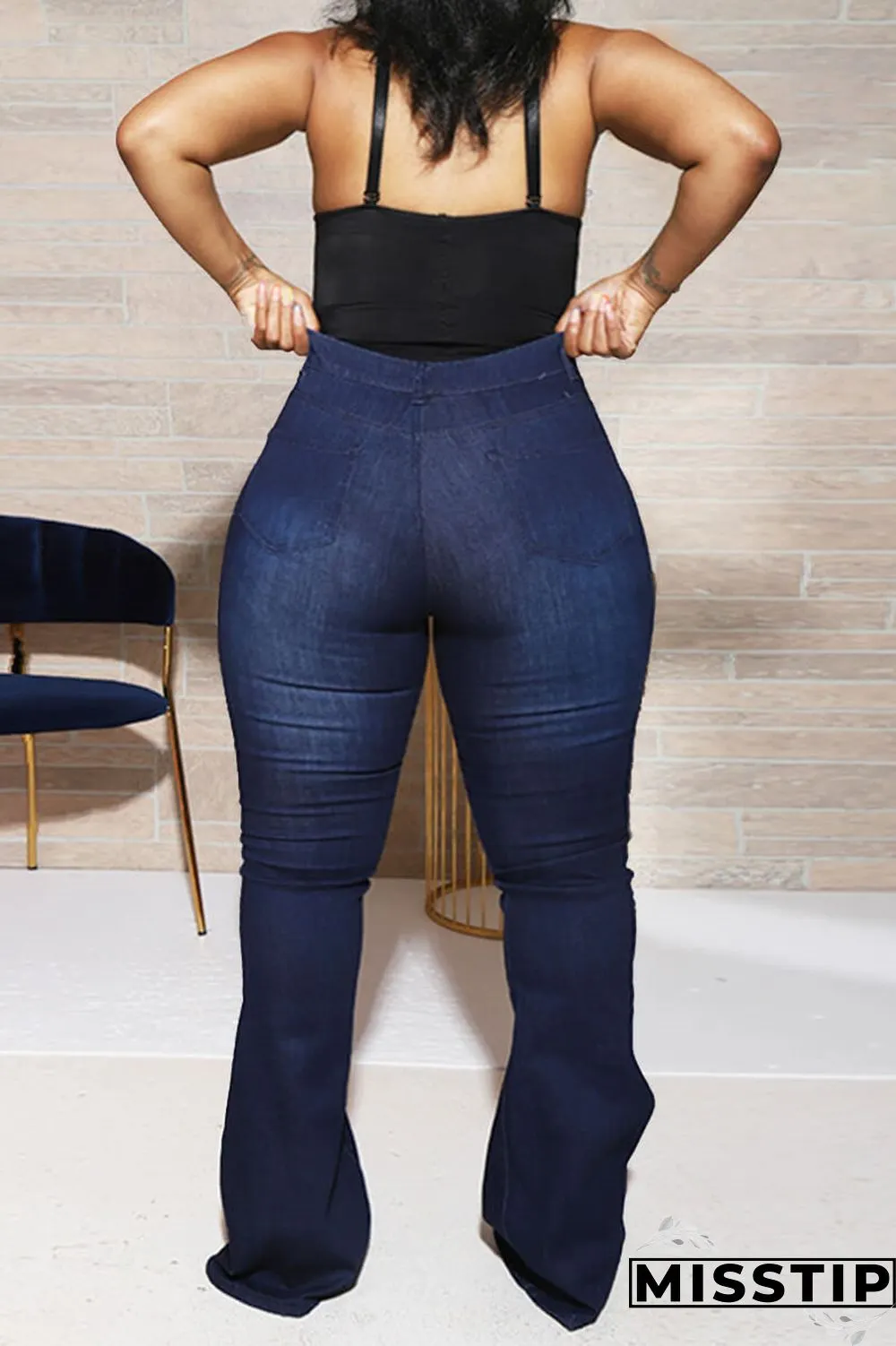 Deep Blue Fashion Casual Solid Basic Plus Size Jeans