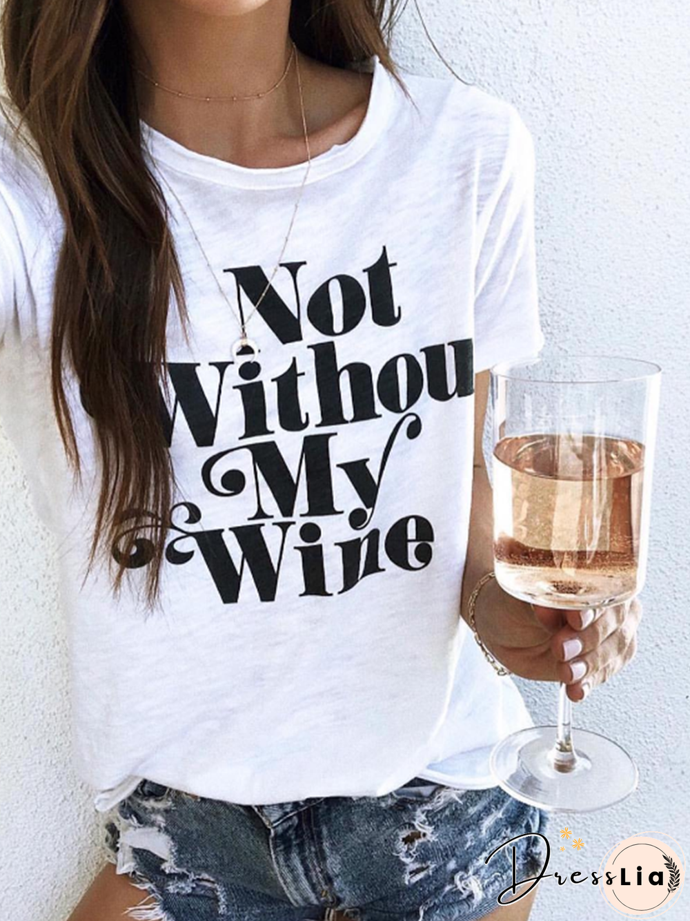 White Letters Printed Short Sleeve Casual Round Neck Shift T-shirt