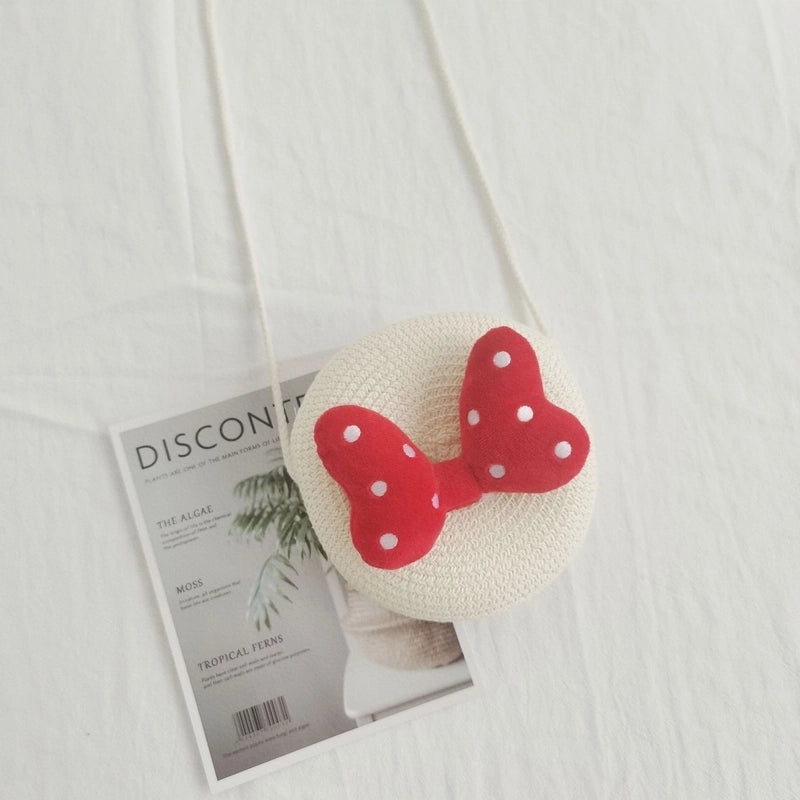 Girl’s Small Straw Flower Bow Knot Cute Round Zipper Crossbody Bag