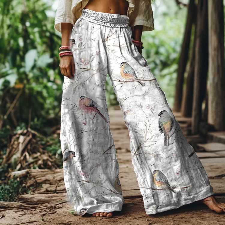 Vintage Bird and Branch Art Print Loose Pants