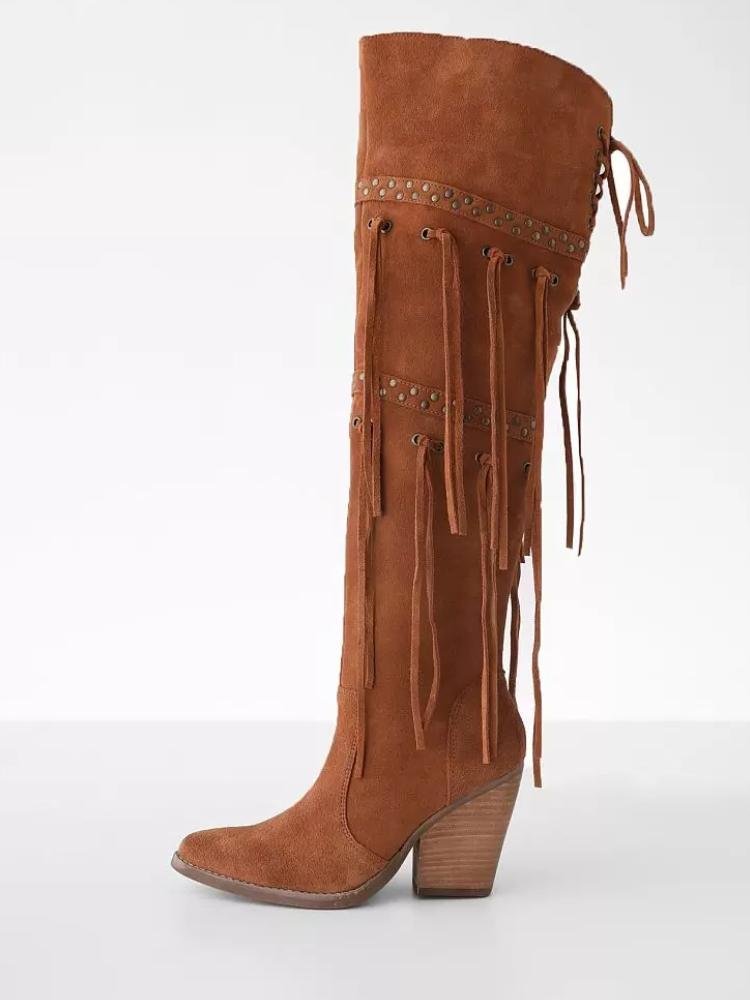 Brown Lace-Up Studded Fringe Round Toe Slanted Heel Cowgirl Knee High Boots