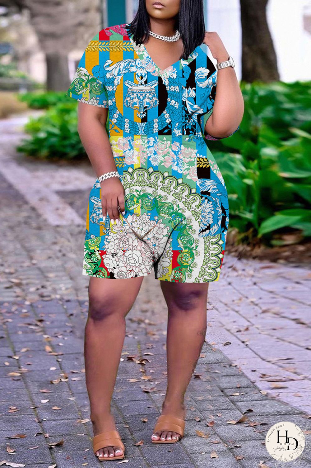 Red Fashion Casual Print Basic V Neck Loose Short Sleeve Romper