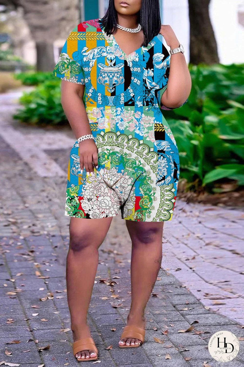 Red Fashion Casual Print Basic V Neck Loose Short Sleeve Romper