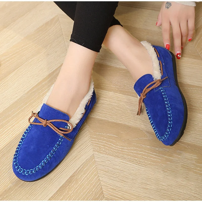 Winter Loafers Warm Plush Women Moccasins Soft Sole Ladies Non Slip Shallow Suede Leather Sewing Female Flats Shoes 2021 Casual