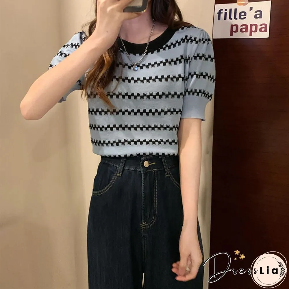 Summer New Korean Version Loose And Thin Design Striped Short-sleeved Knitted Shirt Women