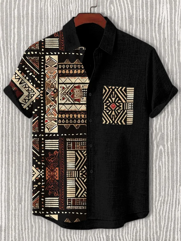 Men's African Traditional Pattern Art Print Linen Blend Shirt