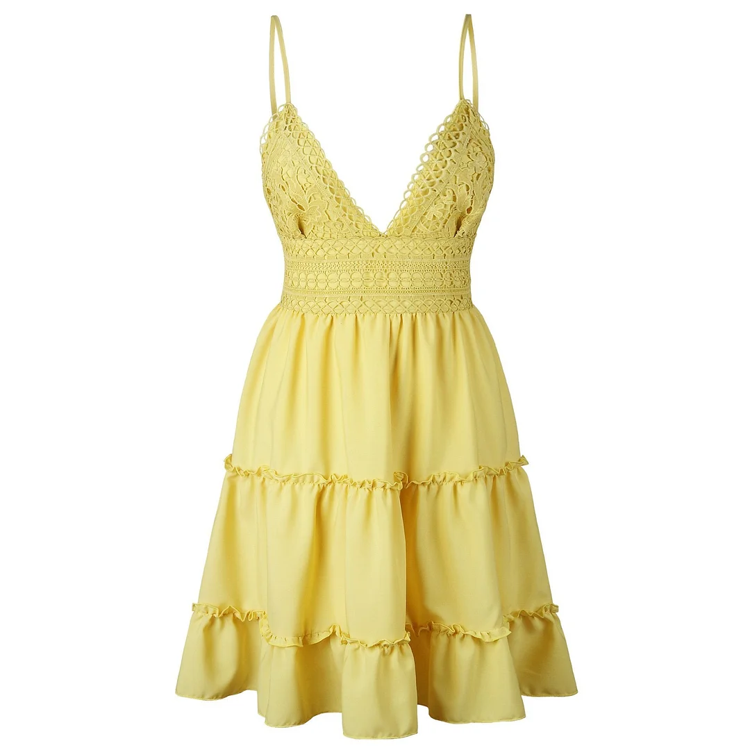 Women Lace Sexy Backless V-neck Beach Dresses Sleeveless Mini Sundress