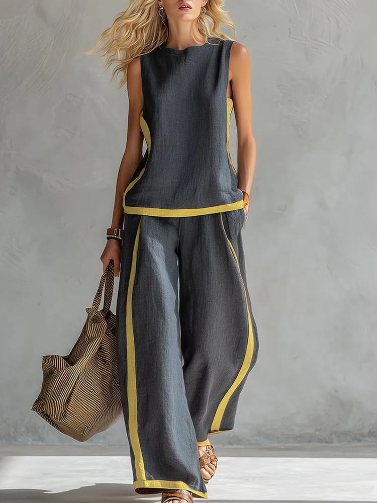 【24-hour shipping out】Elegant And Casual Two-tone Trim Gray Cotton And Linen Vest And Pants Set
