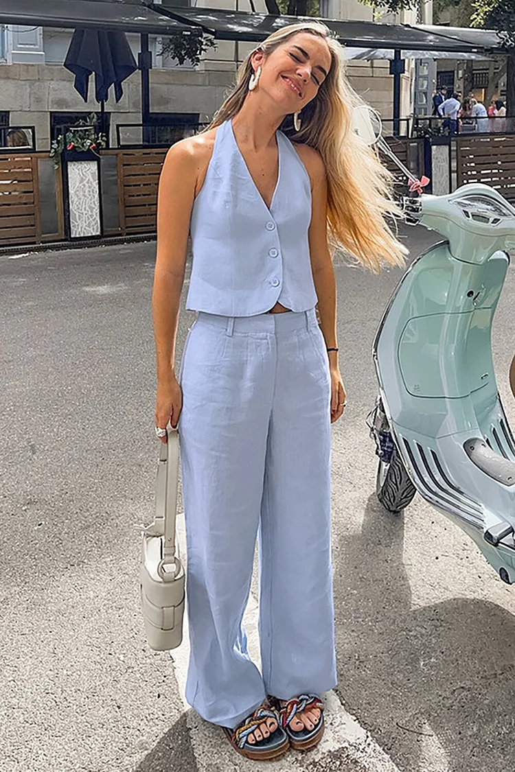 Halter Button Up Vest Solid Color Wide Leg Pants 2pcs Set-Blue