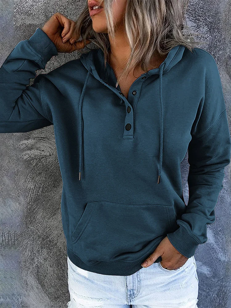 Women's Pocket Button Pullover Hoodie Sweatshirt