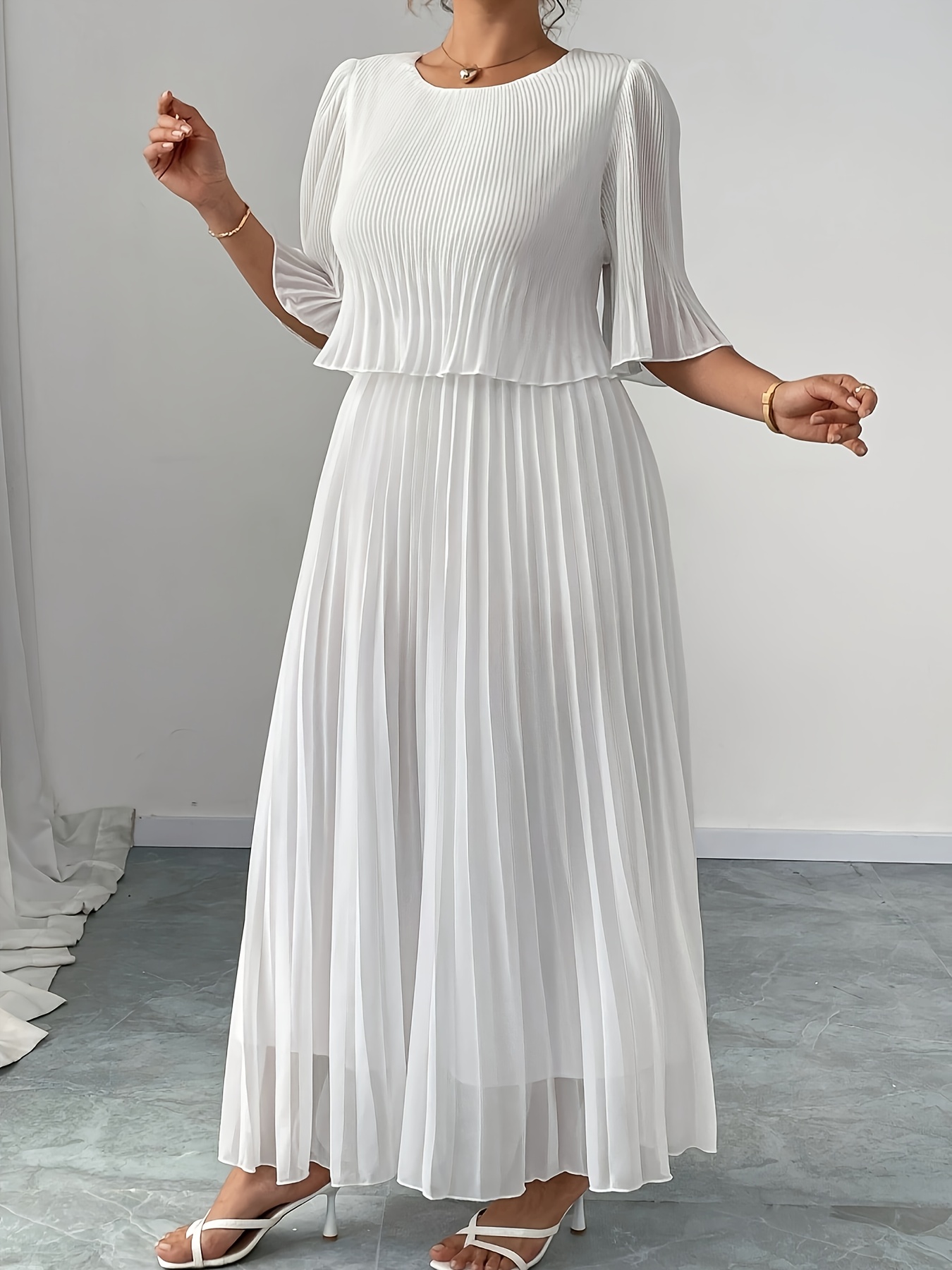 Women's Elegant Chiffon A-Line Dress With Pleated Detail - Semi-Sheer Round Neck Long Sleeve Floor-Length Lightweight Breathable Solid Color Dress For Spring/Summer Casual & Formal Events, Long Sleeve Dresses, Soft Drape Fabric | IFYHOME