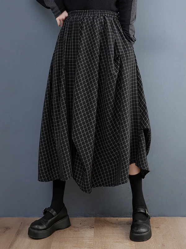 Loose Irregular Clipping Plaid Asymmetric Elasticity Skirts Bottoms