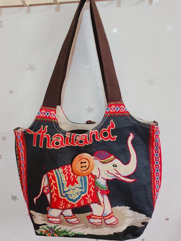 Women’s Large Canvas Elephant Ethnic Style Square Zipper Shoulder Bag