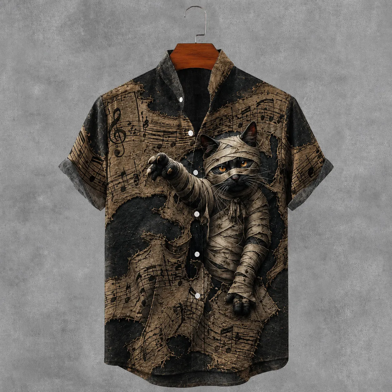 Men's Halloween Gothic Bandage Black Cat Art Short Sleeve Linen Shirt artswardrobe