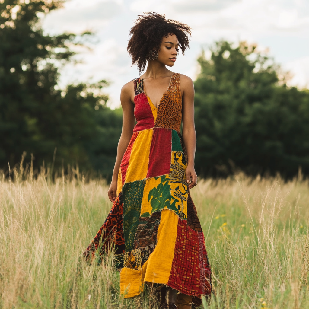Women's African Colorful Floral Patchwork Art Linen Tank Dress