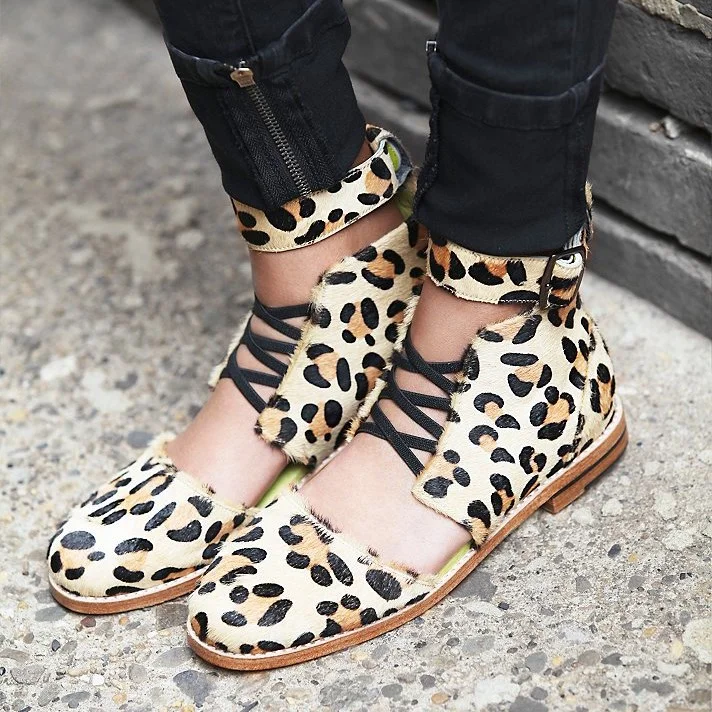 Leopard Print Flats Horsehair Ankle Strap Heels Comfortable Shoes |FSJ Shoes
