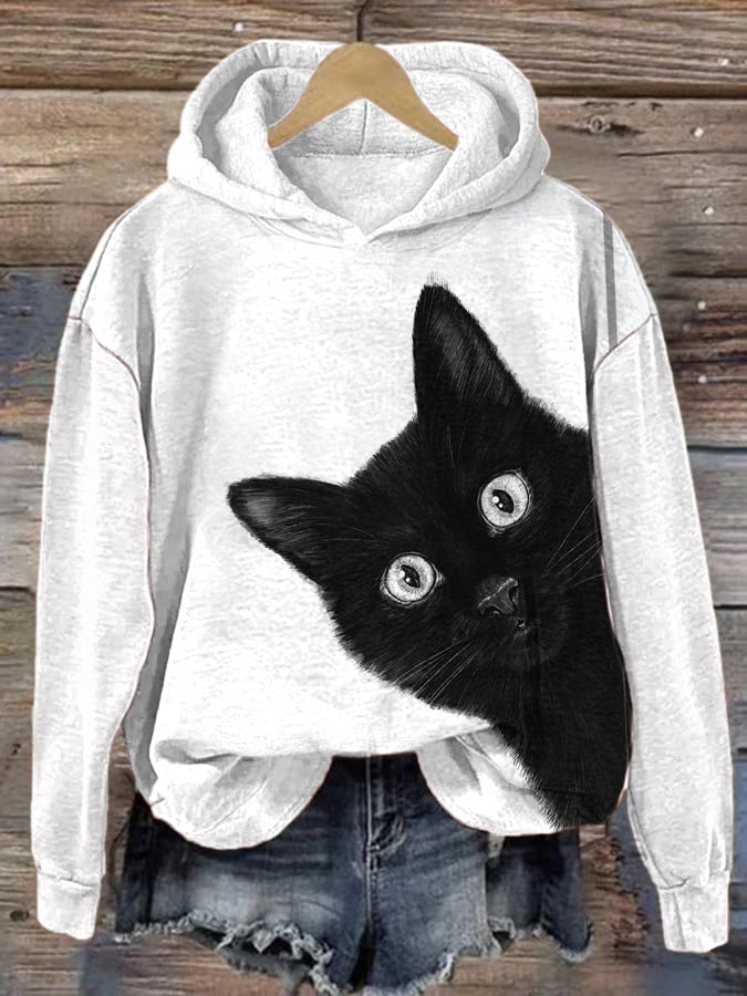 Women's Cute Black Cat Print Hooded Sweatshirt