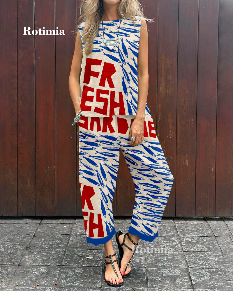 Rotimia Artistic blue fish print two piece set