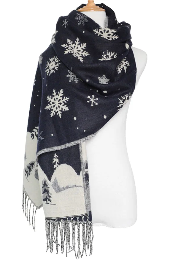 Snowflake Print Fringe Trim Christmas Shawl Scarf Navy Blue-elleschic