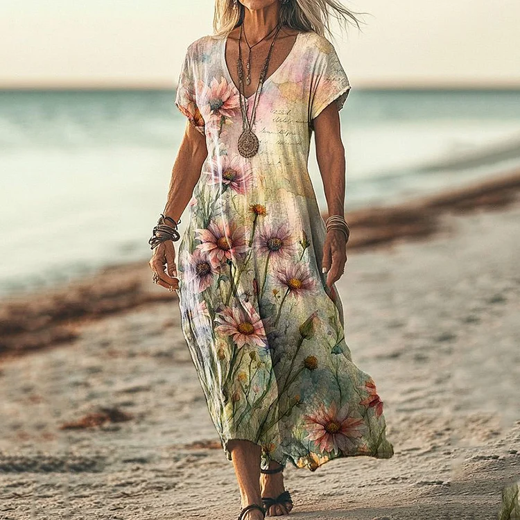 Simpfit Kurzärmliges Midikleid aus Nachahmung aus Nachahmung aus Baumwolle und Leinen mit V-Ausschnitt und Vintage-Gänseblümchen-Print