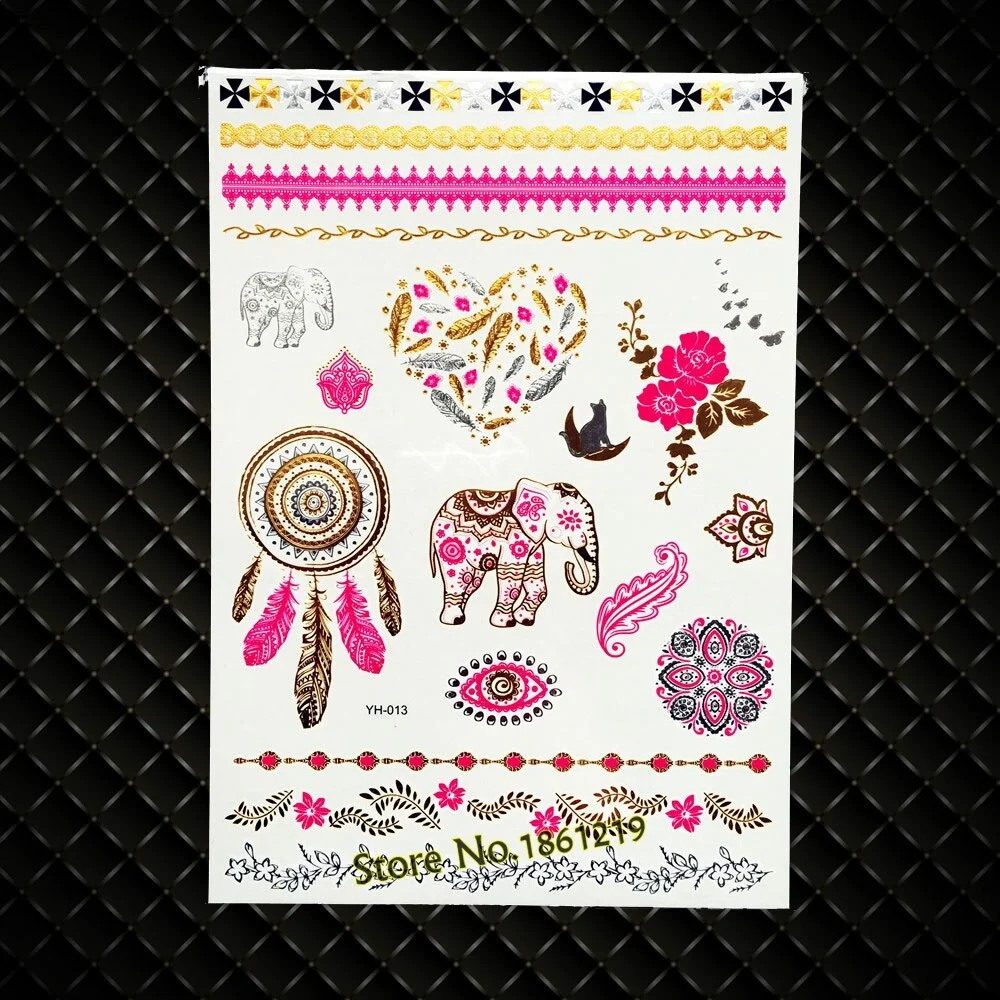 Sdrawing Shiny Metallic Tattoo Henna Gold Flower Body Art GCT166 Silver Lace Feather Tattoo Bracelet Flash Temporary Tattoo Stickers