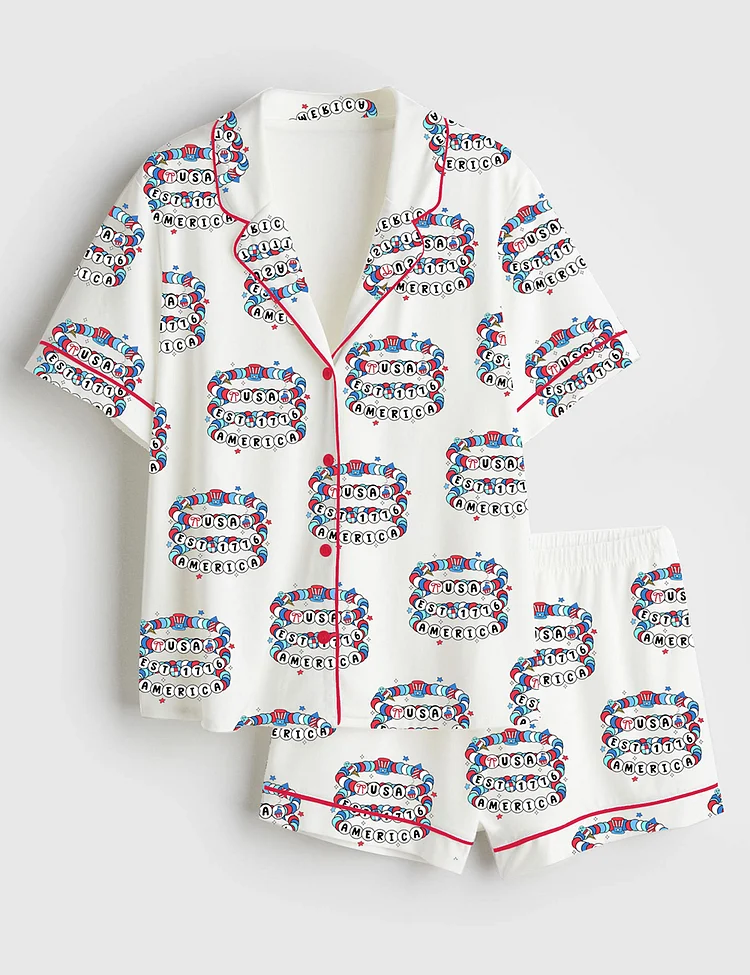 Women&rsquo;s America Friendship Bracelet Girly 4th Of July 1776 Preppy USA Independence Day Coquette Short Sleeve Satin Pajama Set