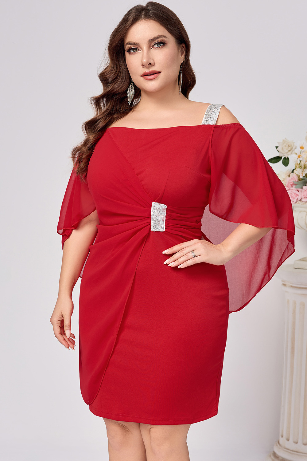 Plus Size Wedding Guest Red Chiffon Cold Shoulder Cape Sleeve Bodycon Midi Dress 2024 - Flycurvy 