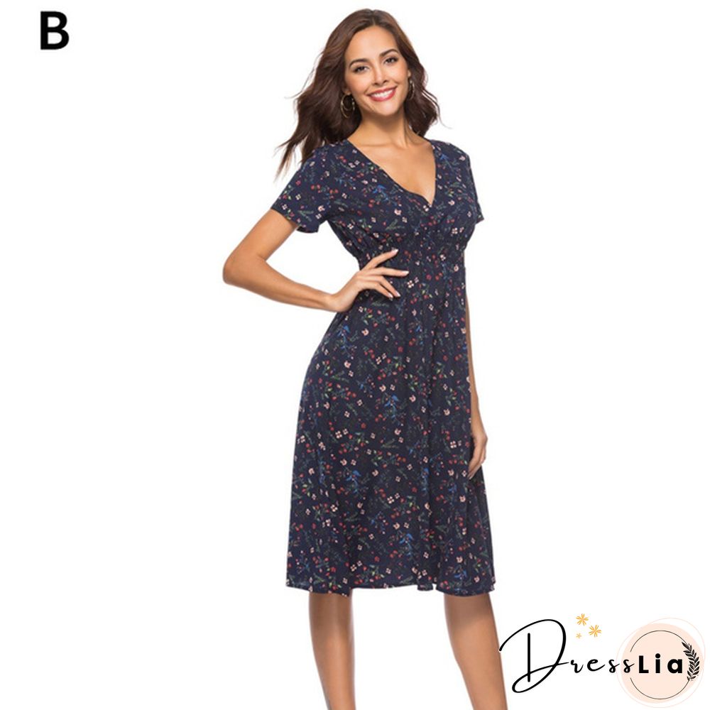 Women's Fashion Bohemian Skirt Chiffon Summer Print V-Neck Short-Sleeved Floral Dress
