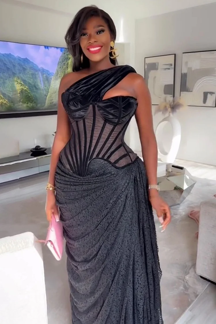 One Shoulder Corset Patchwork Wrinkle Party Maxi Dresses-Black [Pre Order]