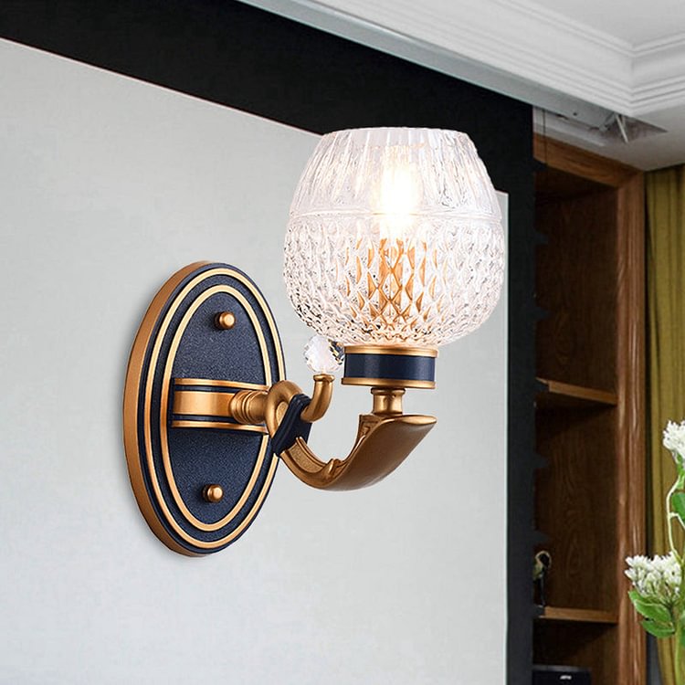 Traditionalist Bowl Wall Sconce Light 1/2 Bulbs Lattice Glass LED Wall Mounted Lamp in Brass for Bedroom