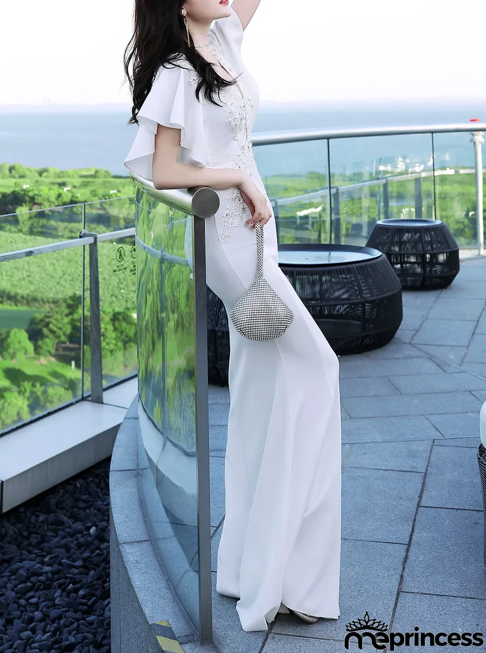 Women Elegant Lace Ruffles Short Sleeve Slim Fit Mermaid Evening Dress