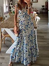 Lace-Up Floral Printed Puff Sleeves Maxi Dresses