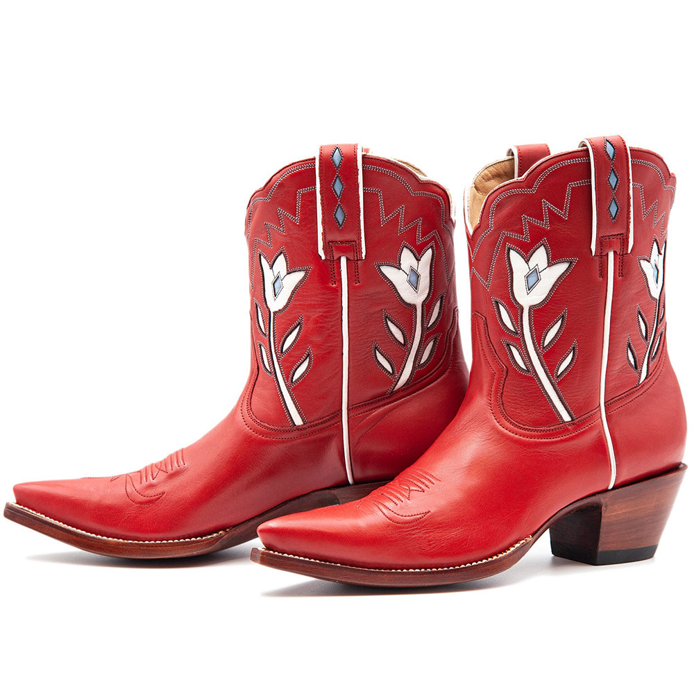 Red Snip Toe Tulip Inlay Embroidered Ankle Length Cowgirl Boots Nicepairs