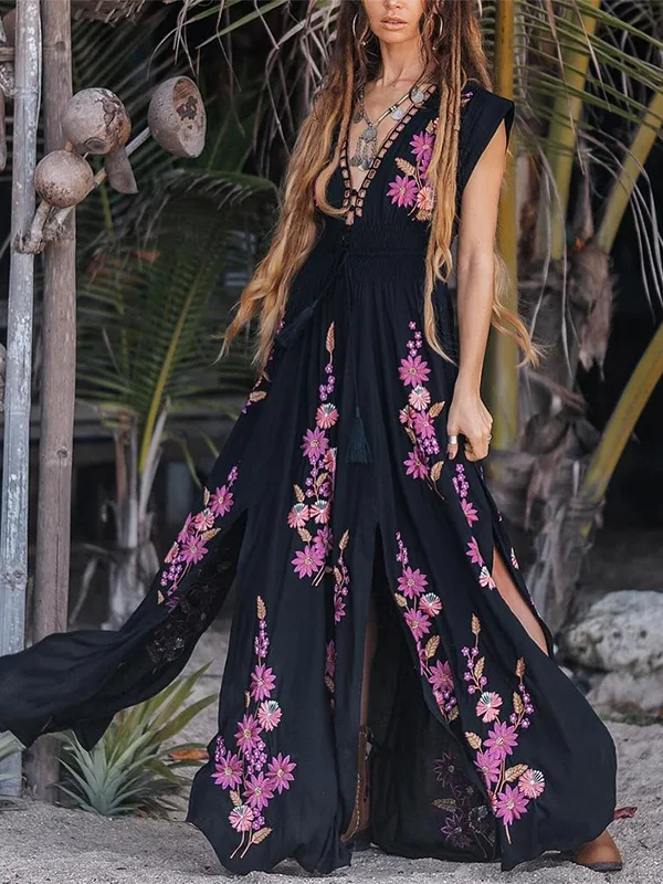 Flower-Embellished Split-Side Empire Loose V-Neck Maxi Dresses