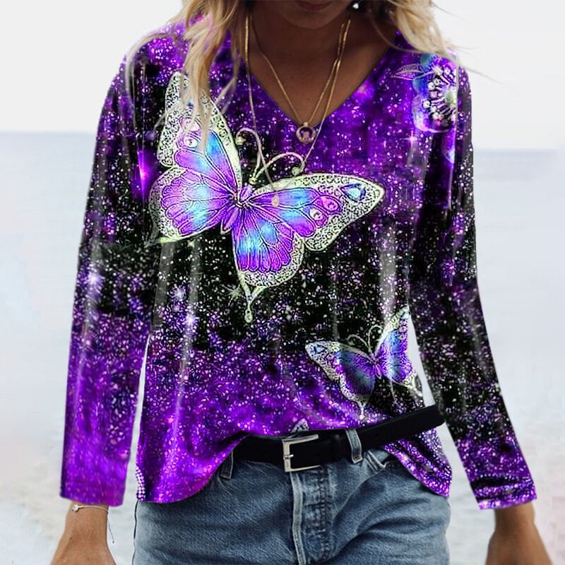 Gorgeous Butterfly Long-sleeved V-neck T-shirt