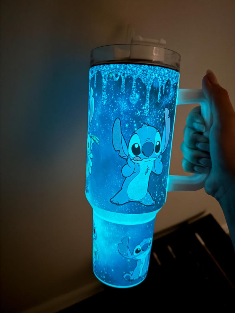 Personalized 40oz Glow-in-the-Dark Stitch Tumbler with Handle, Blue Glow Acrylic Lid
