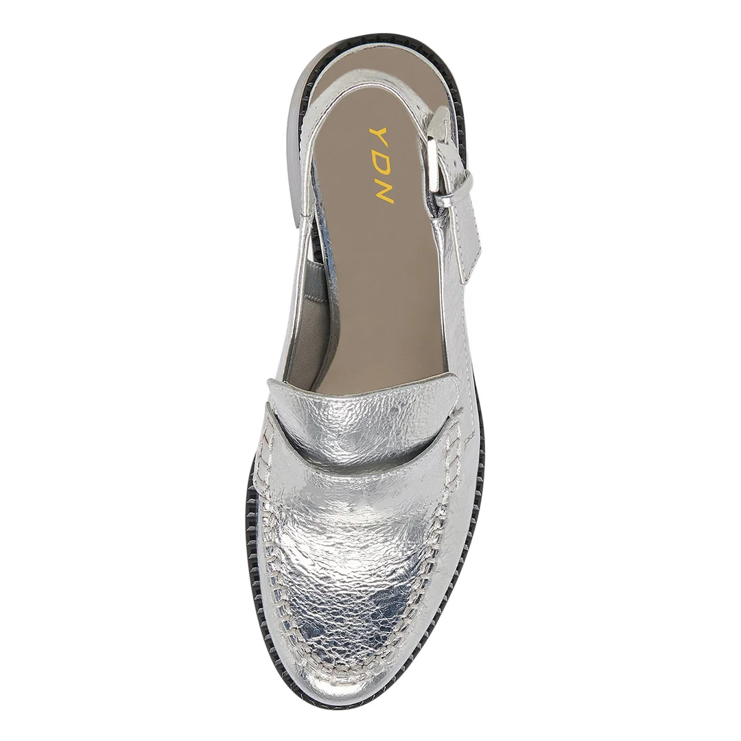 Silver Vegan Leather Metallic Touch Buckle Fastening Slingback Loafers