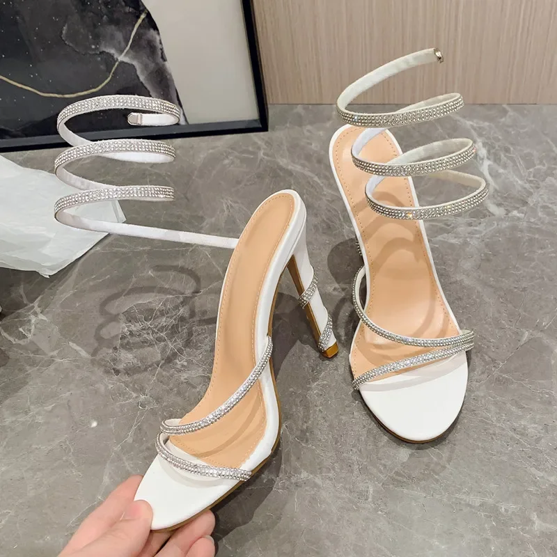 Summer Luxury Crystal Snake Coiled Women Sandals Sexy Narrow band Thin High heels Wedding Party Female Gladiator Shoes
